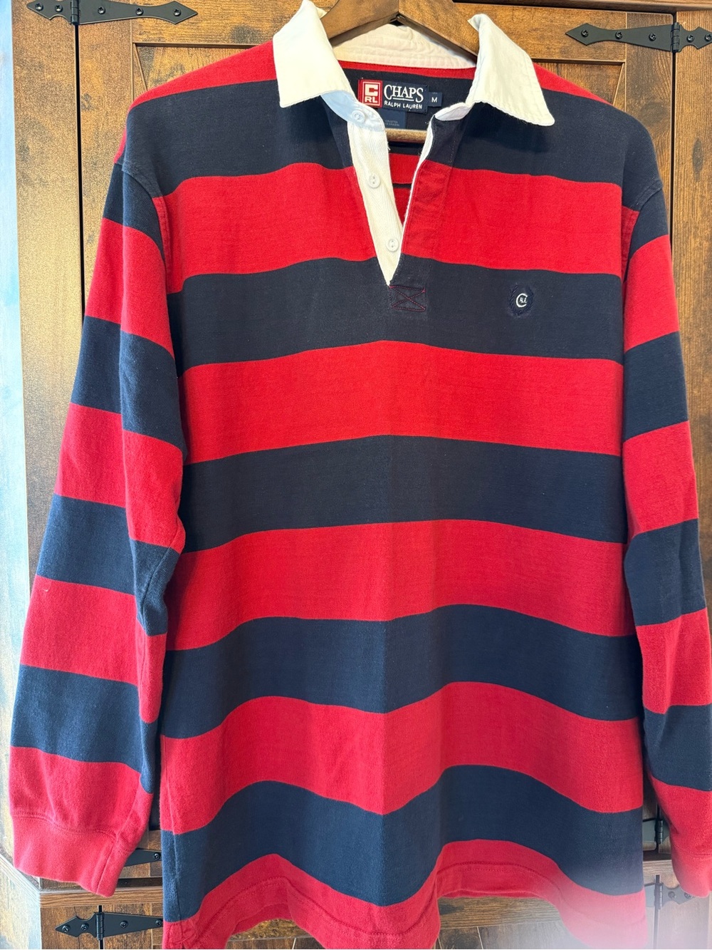 Chaps Red and Navy Striped Rugby Polo